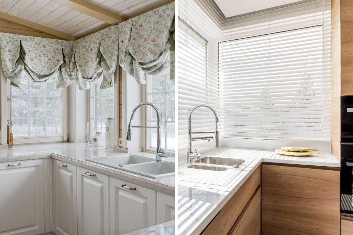 A collage of modern kitchen window with blinds and curtains, Curtains Or Blinds For A Kitchen Window: Which To Choose?