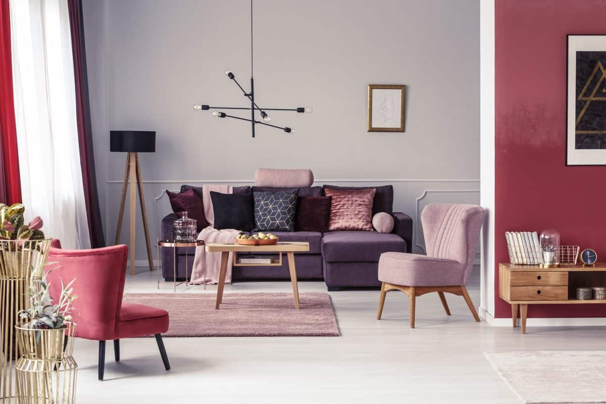 Gorgeous magenta schemed living room designed with white flooring and wooden furntures