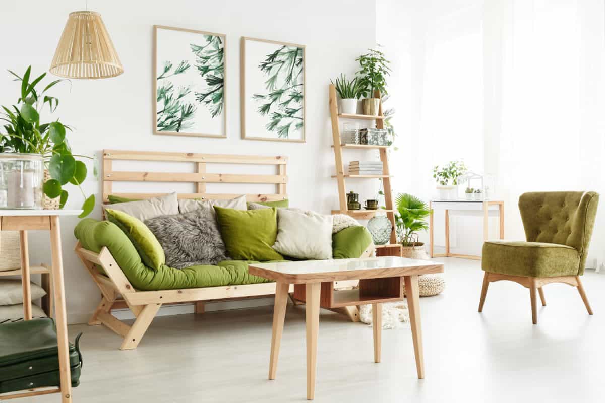 Green and rustic inspired living room with wooden furnitures and white painted walls
