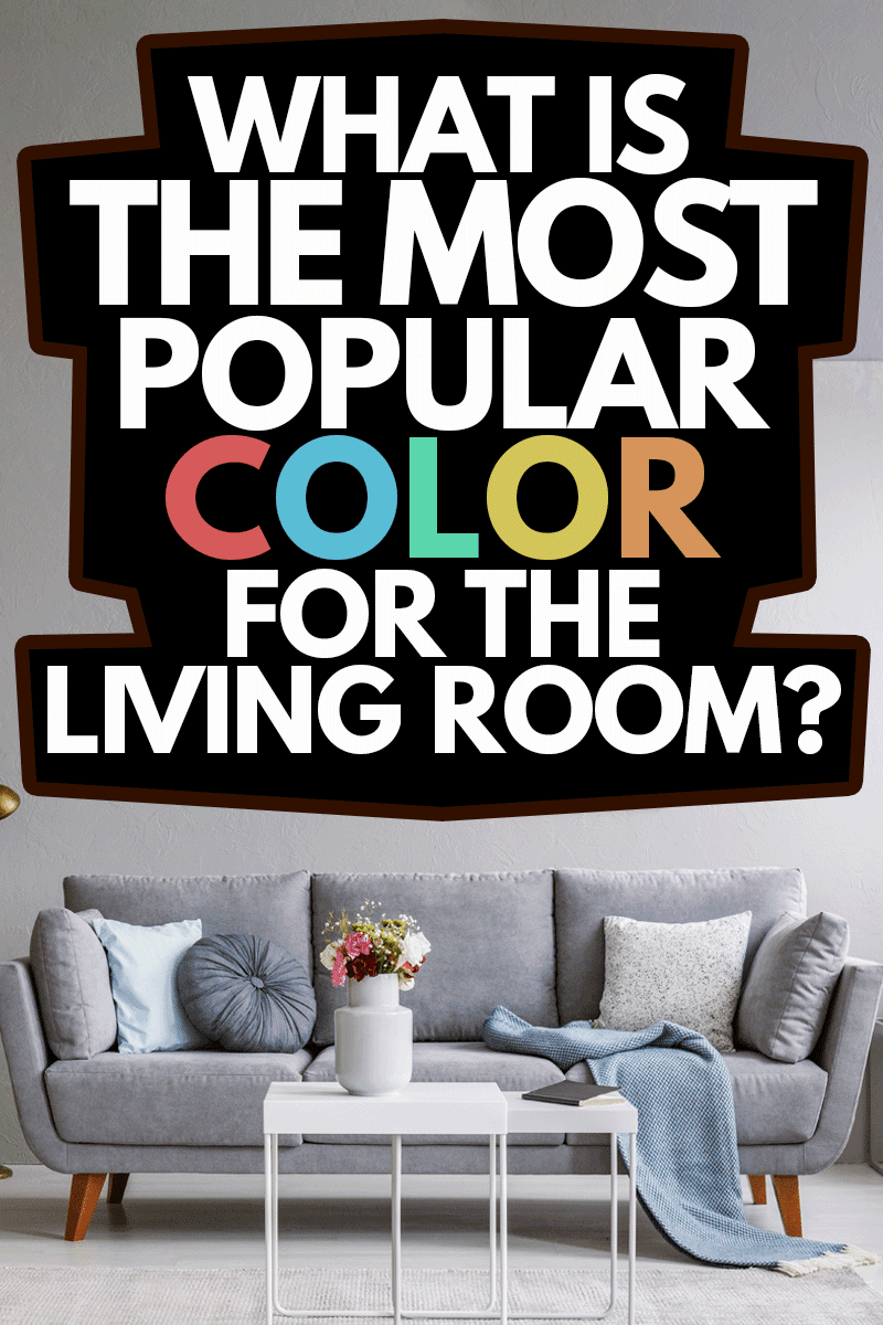 Grey sofa with pillows and blanket standing in bright living room interior with gold lamp, fresh flowers on white table and carpet on the floor, What Is Most The Popular Color For The Living Room?