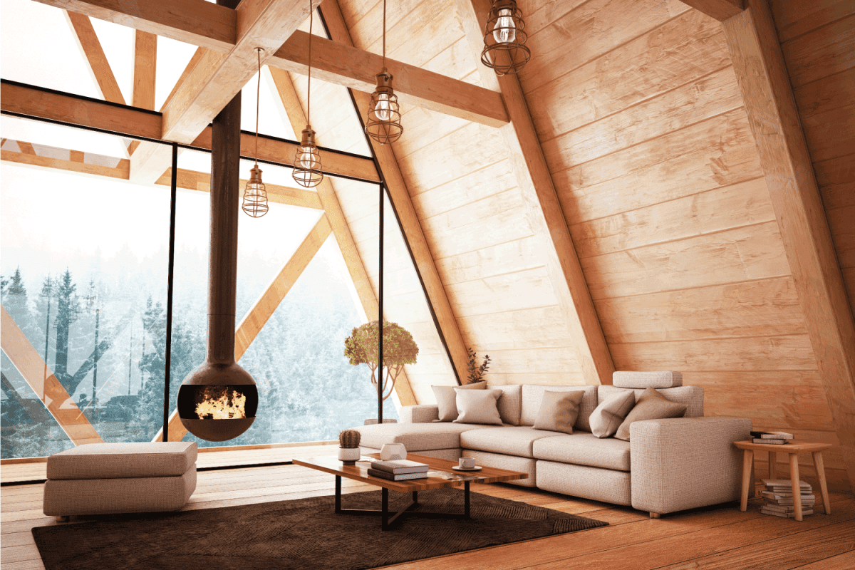 Wooden Interior with Furniture and Fireplace