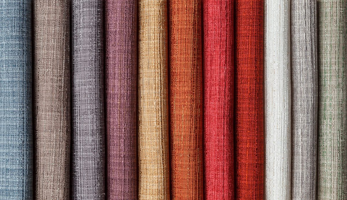 samples of multi colored fabrics for curtains close up. Selection of fabric for interior decoration