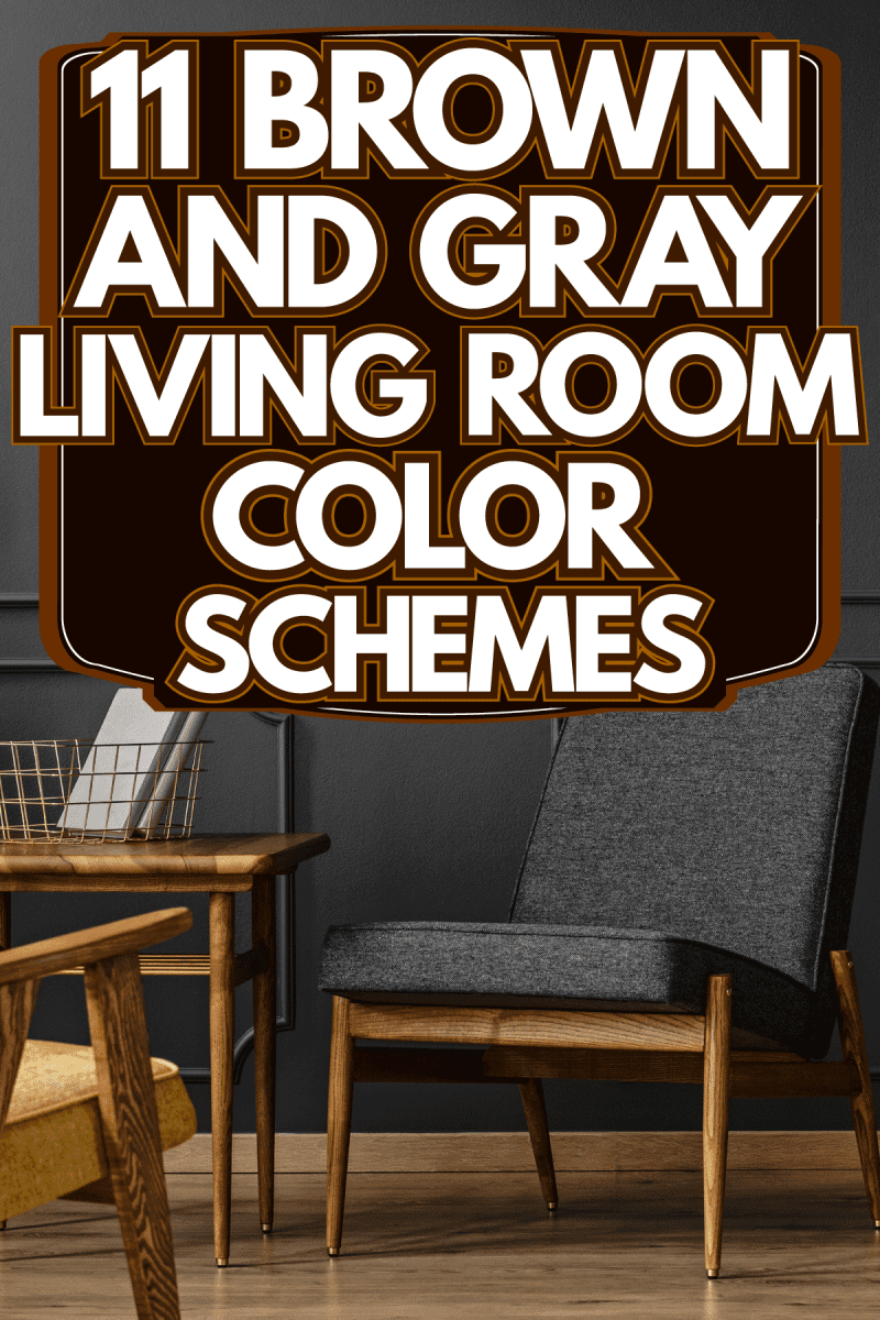 Brown and gray colored furnitures and a black painted walls with plants, 11 Brown And Gray Living Room Color Schemes