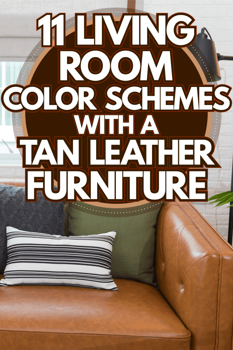 A leather sofa with different colored throw pillows inside a bright living room, 11 Living Room Color Schemes With Tan Leather Furniture
