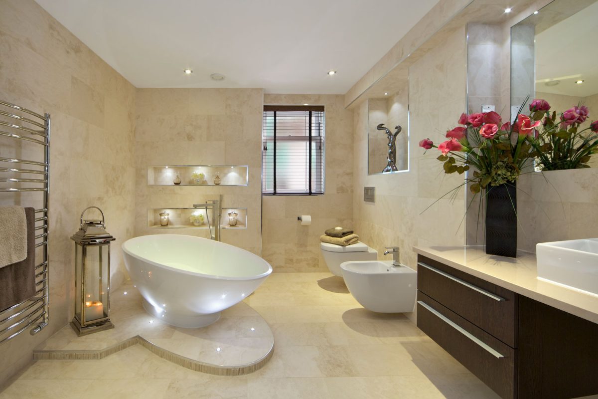 A Mediterranean designed bathroom with beige tiles