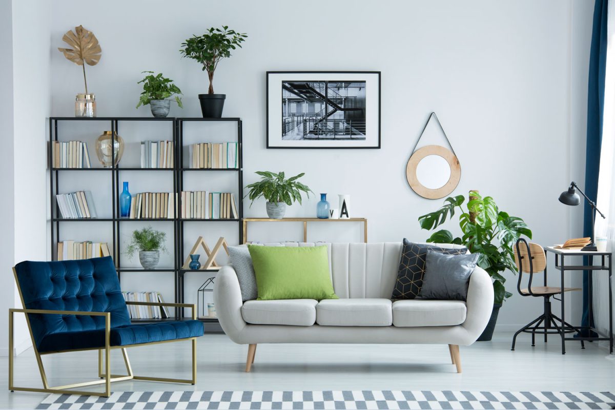 A blue armchair and a gray couch inside a gray painted living room 