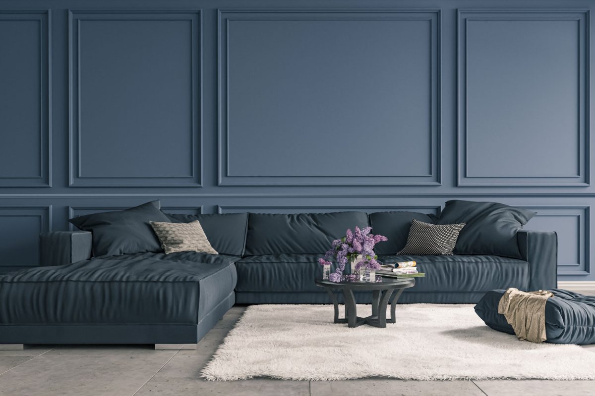 A blue sectional sofa with blue throw pillows and a blue flat paneled wall