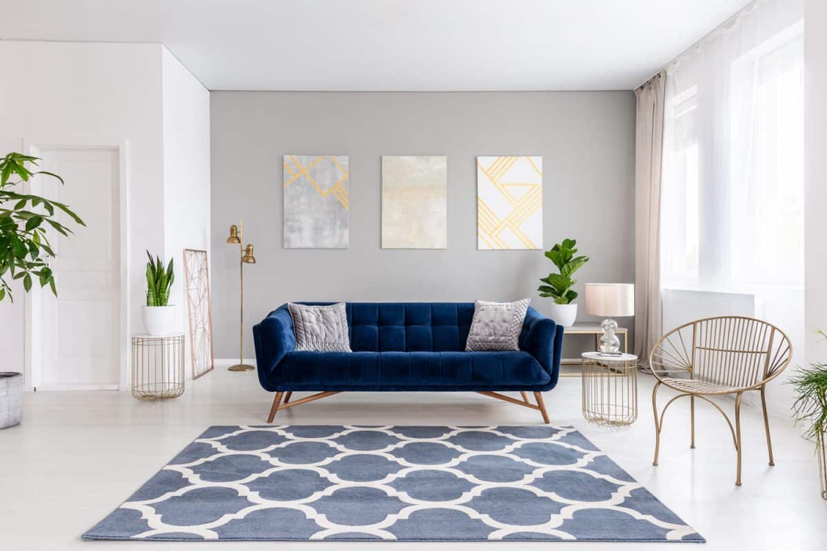 A blue sofa facing a blue patterned carpet inside a white nature inspired living room