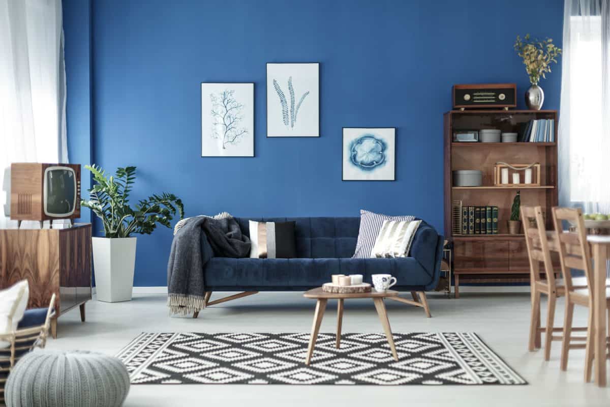 A blue walled living room decorated with a boho inspired design and wooden furnitures
