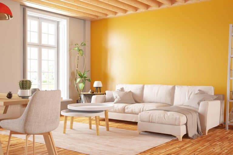 A bright yellow inspired living room with white furnitures and plants, 11 Living Room Color Ideas With Oak Trim