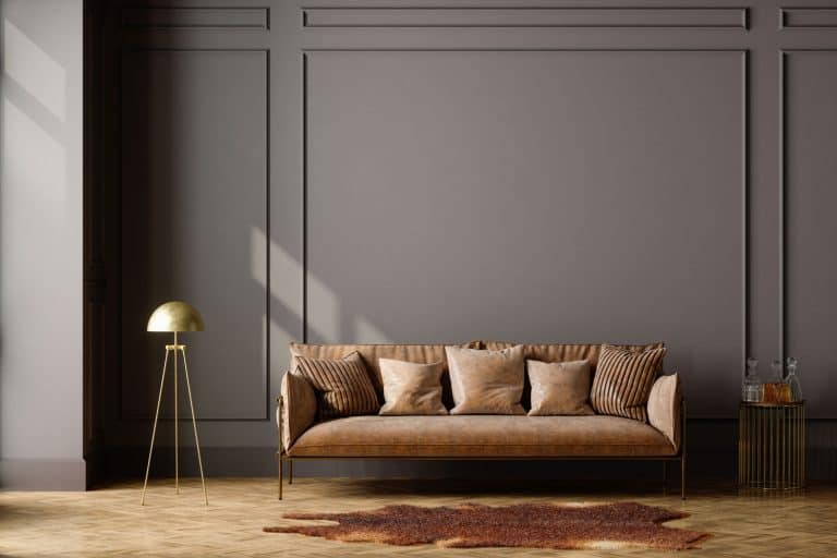 A brown flat panel wall with a brown leather sofa with a brown irregular carpet, What Color Couch Goes With Brown Walls?