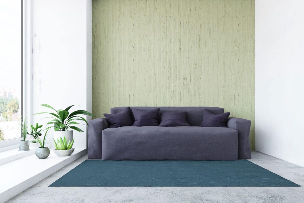 A dark purple sleeper sofa with a blue carpet