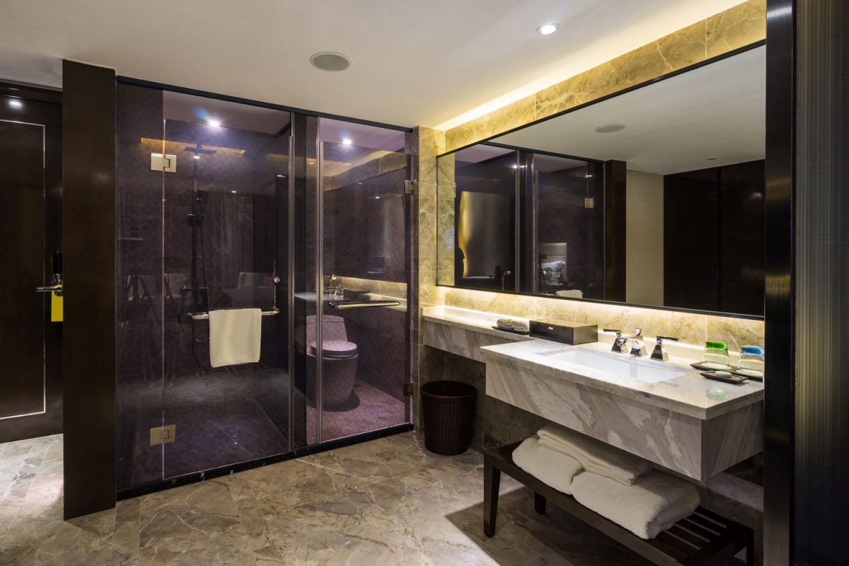 A glass walled shower and toilet area inside a marble covered bathroom, 11 Dark Bathroom Wall Ideas