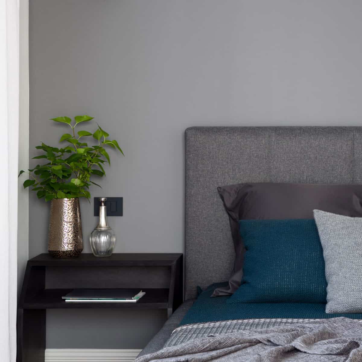 A gorgeous gray bedroom with a black nightstand and plants for decoration