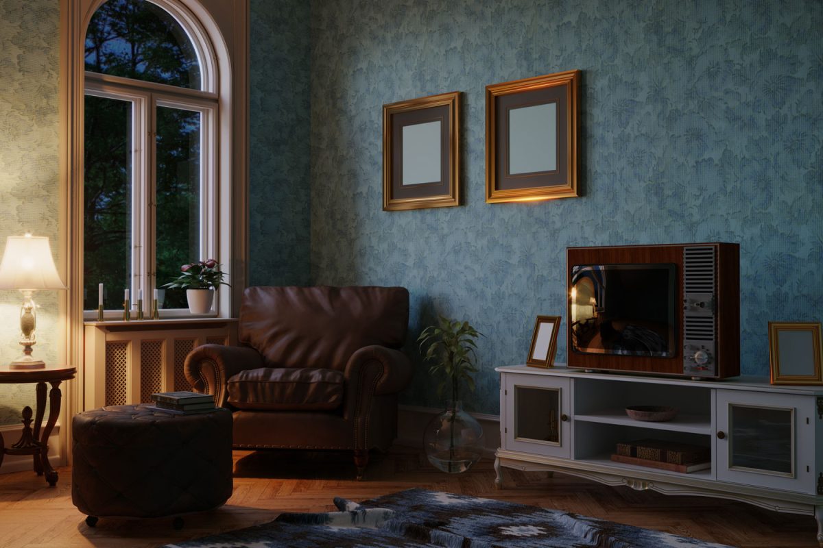 A living room with blue walls, brown painted and leather sofa