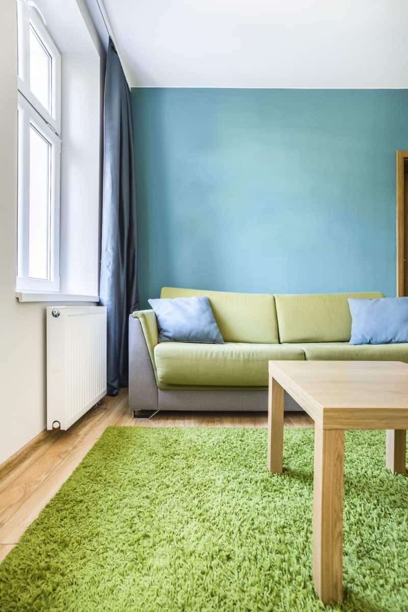 A long grass carpet with a green sofa with blue throw pillows and a blue accent wall