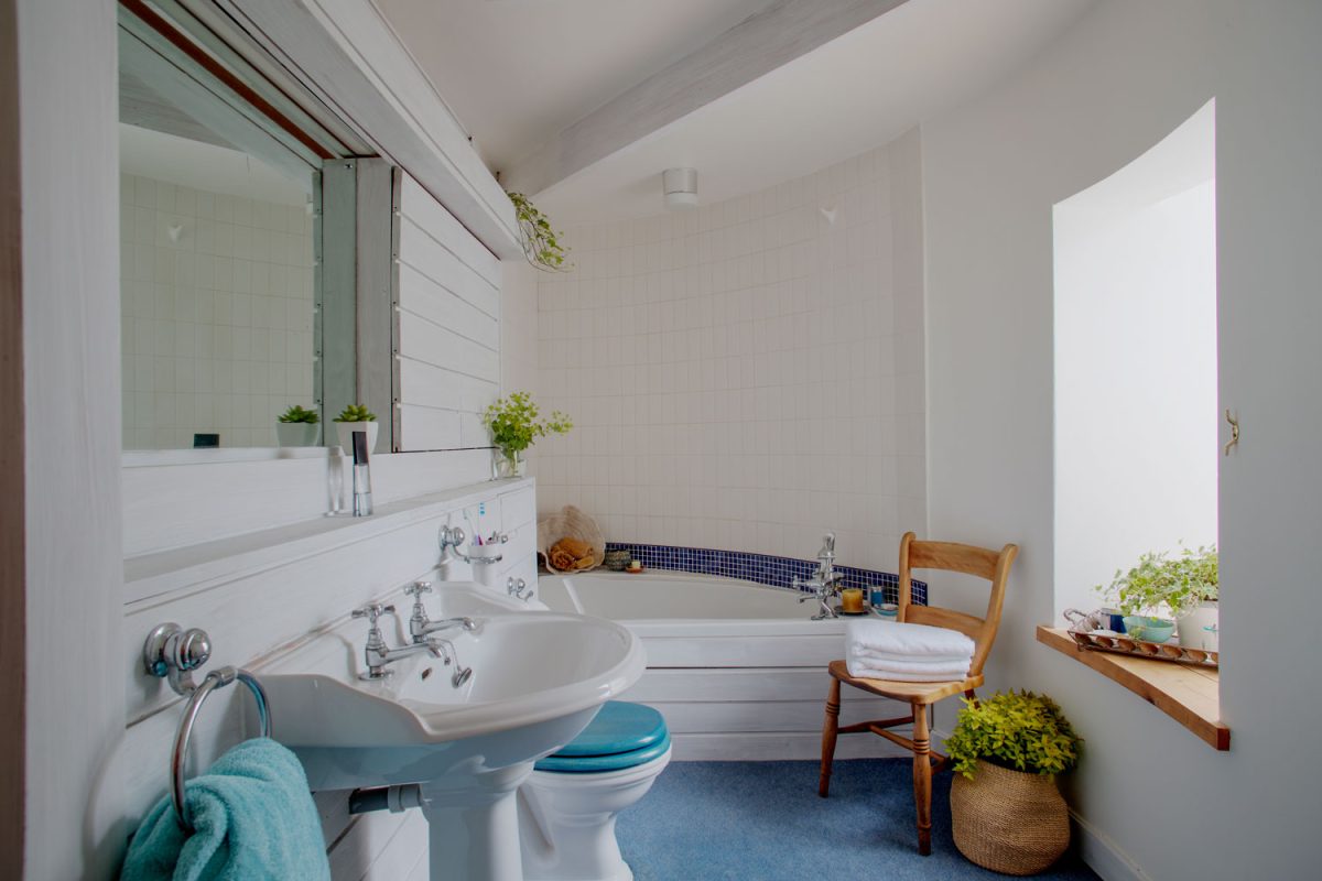 A small narrow bathroom with carpeted flooring, white walls and a huge window on the side