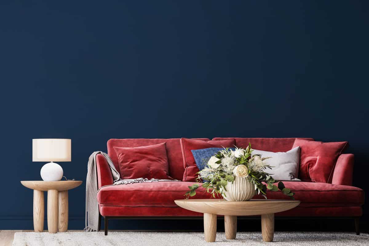 A wooden coffee table with indoor plants, a red sofa with red throw pillows and a blue wall