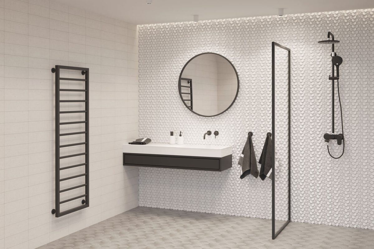 An elegant minimalist vanity with small tile backsplash