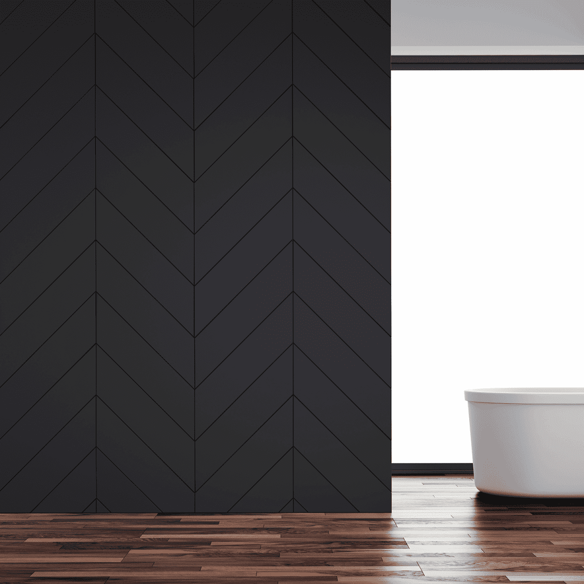 Bathroom interior with hardwood floor and empty tiled black wall