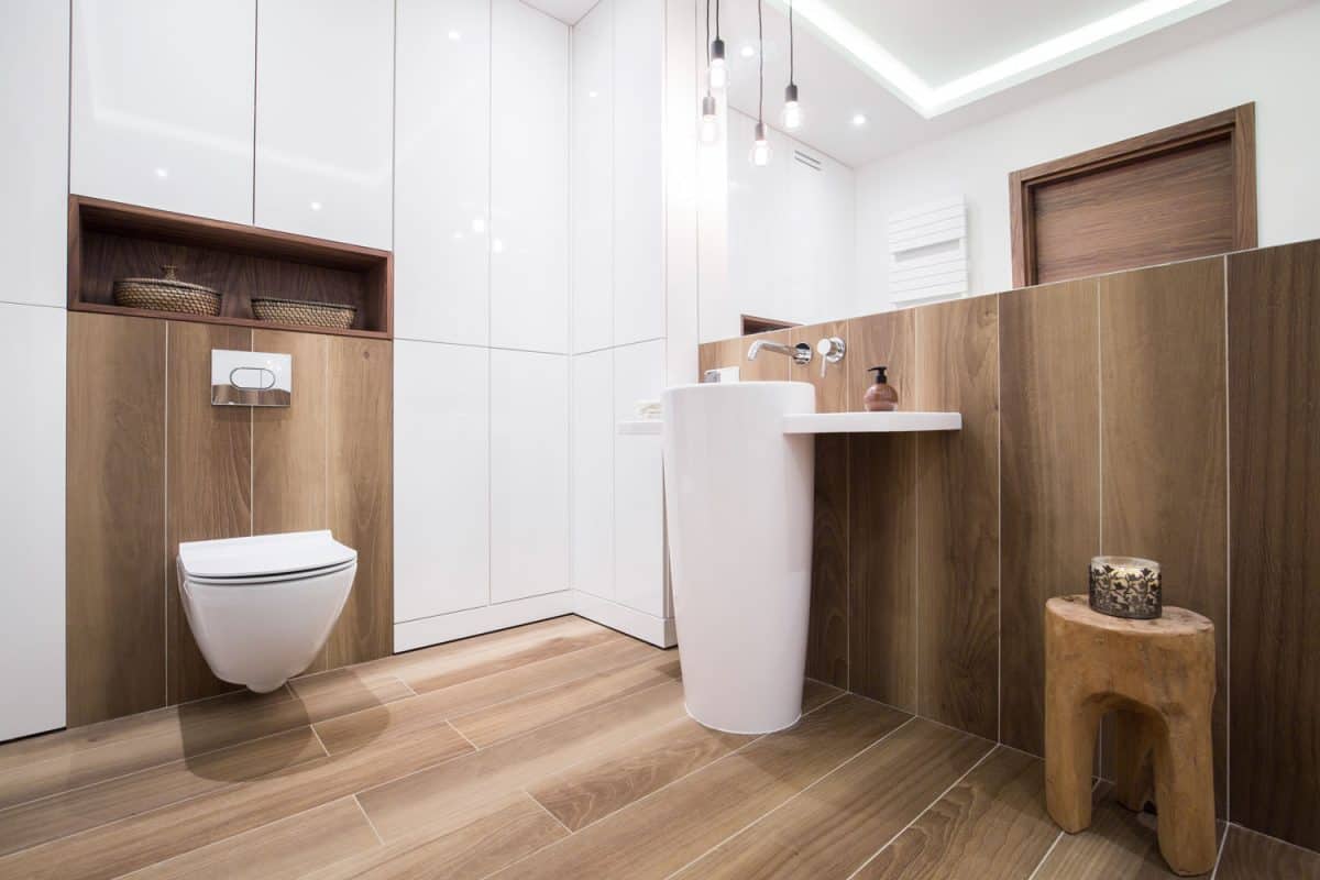 Beige wooden bathroom in luxury detached house