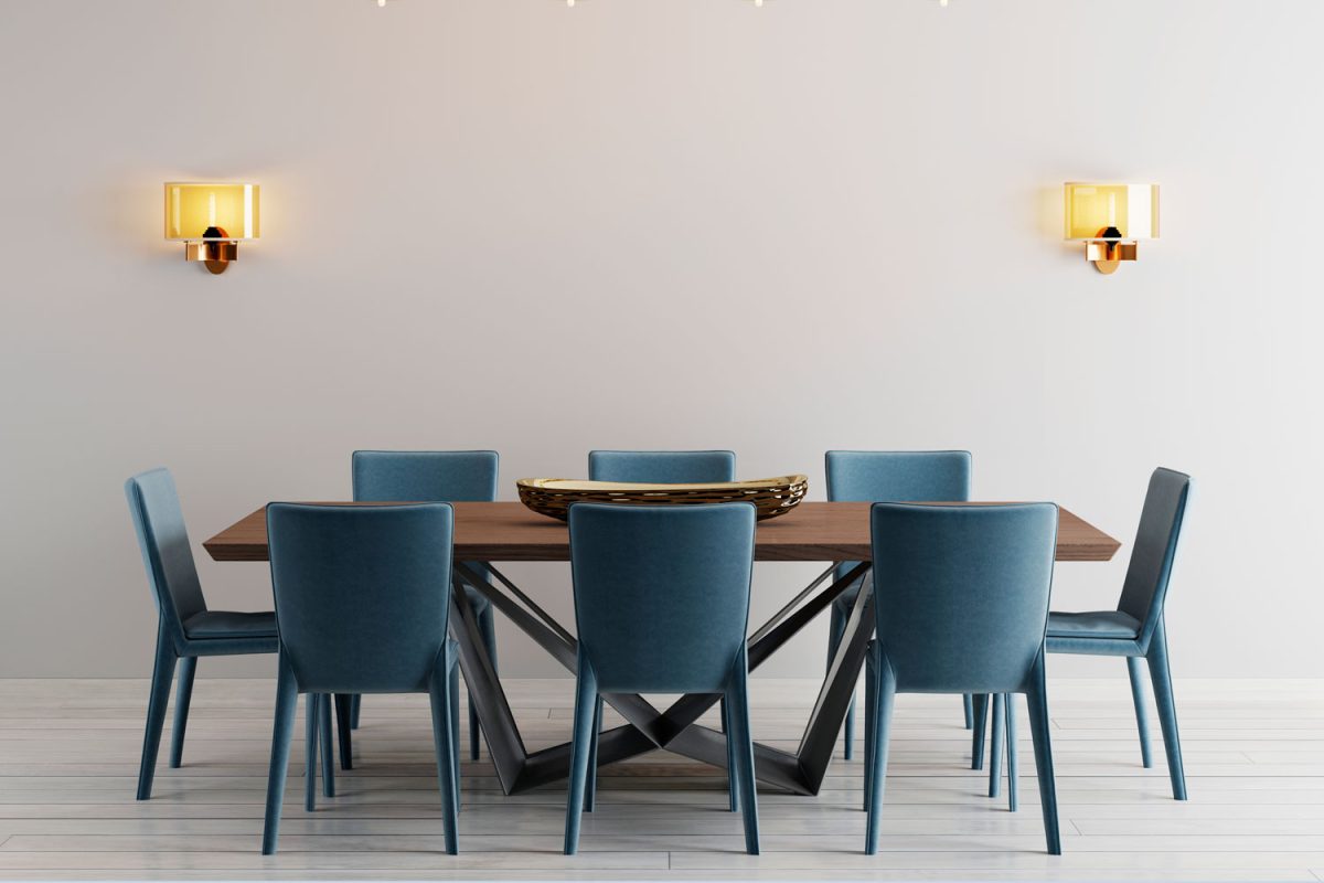 Blue dining chairs matched with a long brown dining table