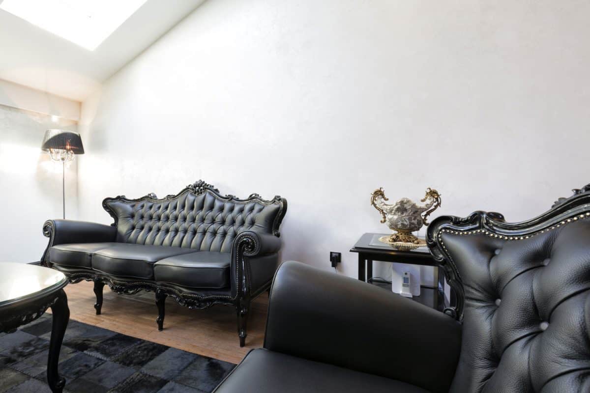 Elegant luxury living room with black leather furniture