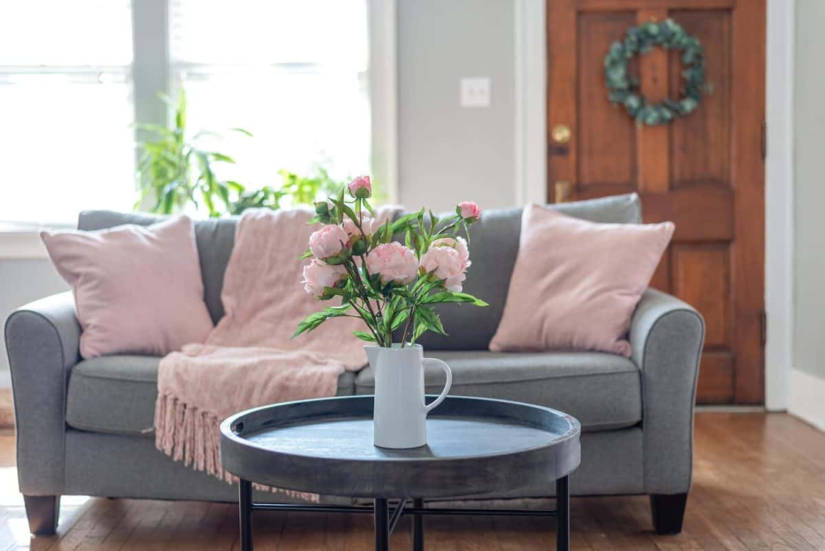 Gray and pink home decor for spring in the living room
