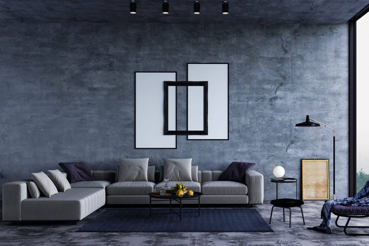 Interior of a blue and gray combination living room color with gray sectional sofa and a blue carpet
