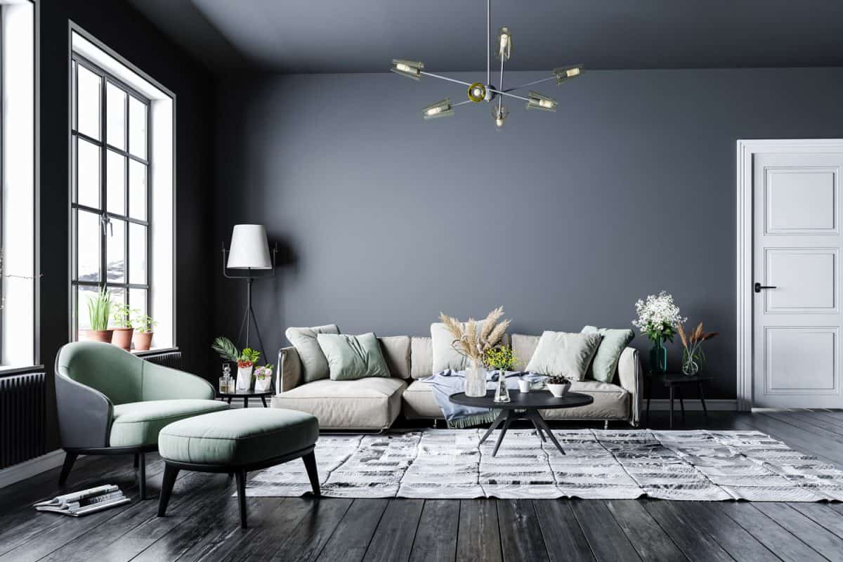 Interior of gorgeous black and white themed living room with black hardwood flooring