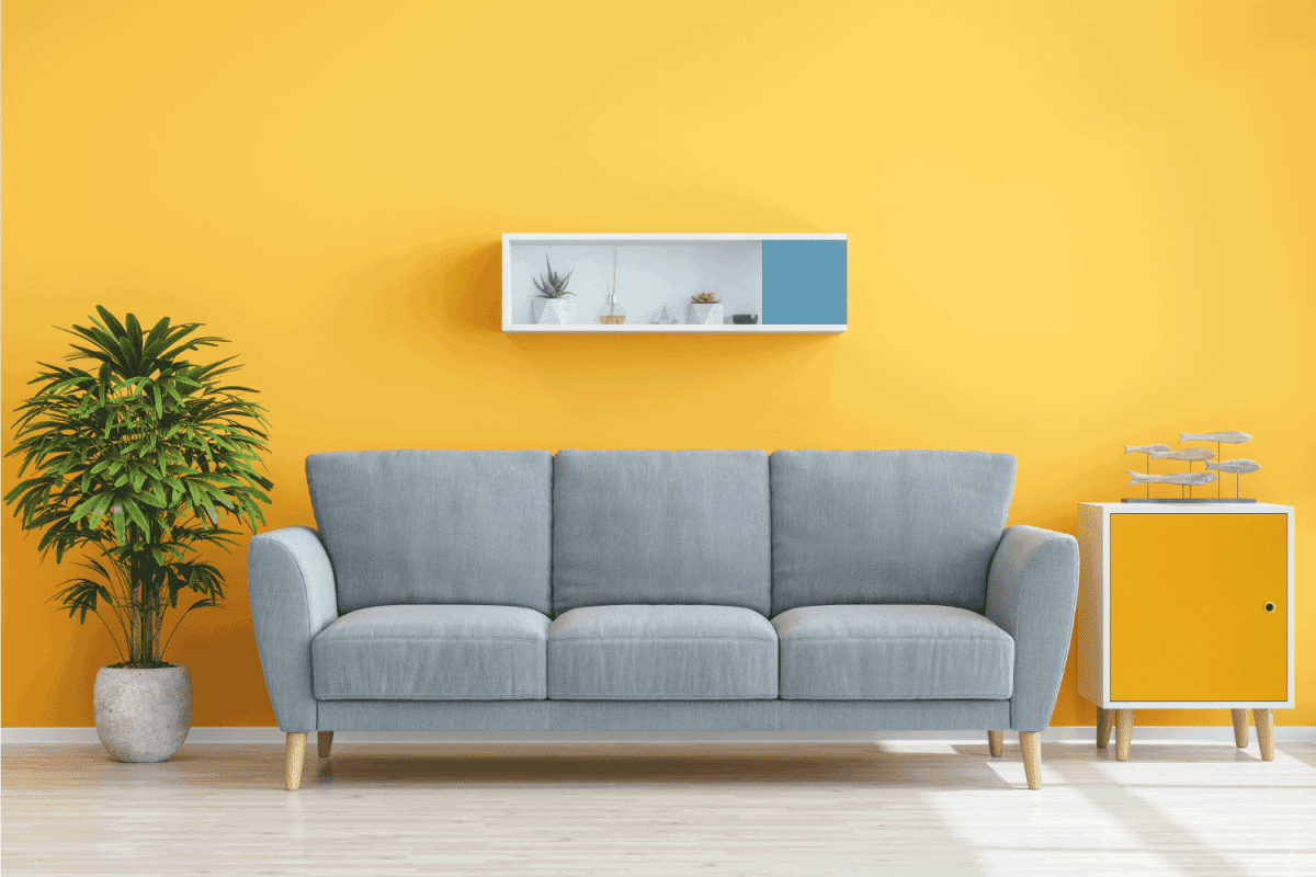 Interior of yellow living room with comfortable gray couch