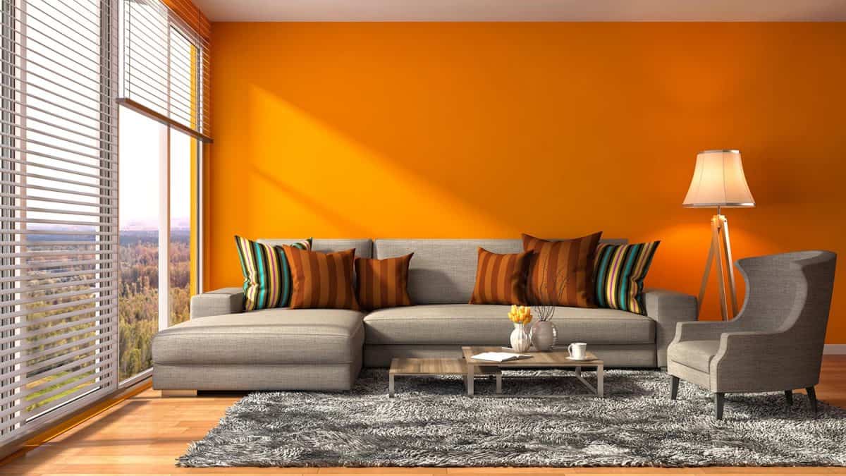 Living room interior with sofa in orange wall