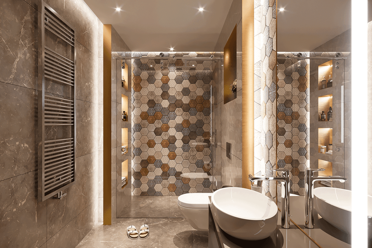 Luxurious bathroom interior with hexagonal tile design on wall
