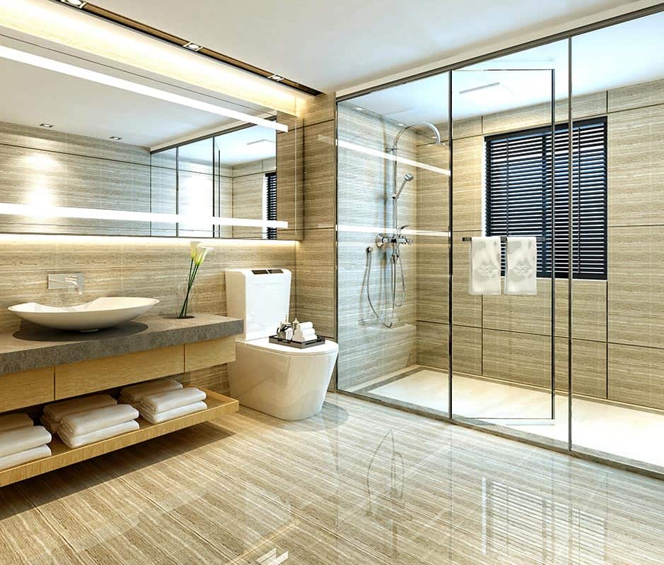 Luxury bathroom with laminated panel walls
