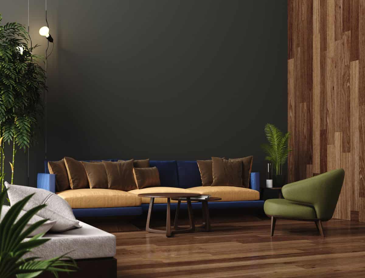 Luxury modern living room interior, dark green brown wall, modern sofa with armchair and plants, 3d render