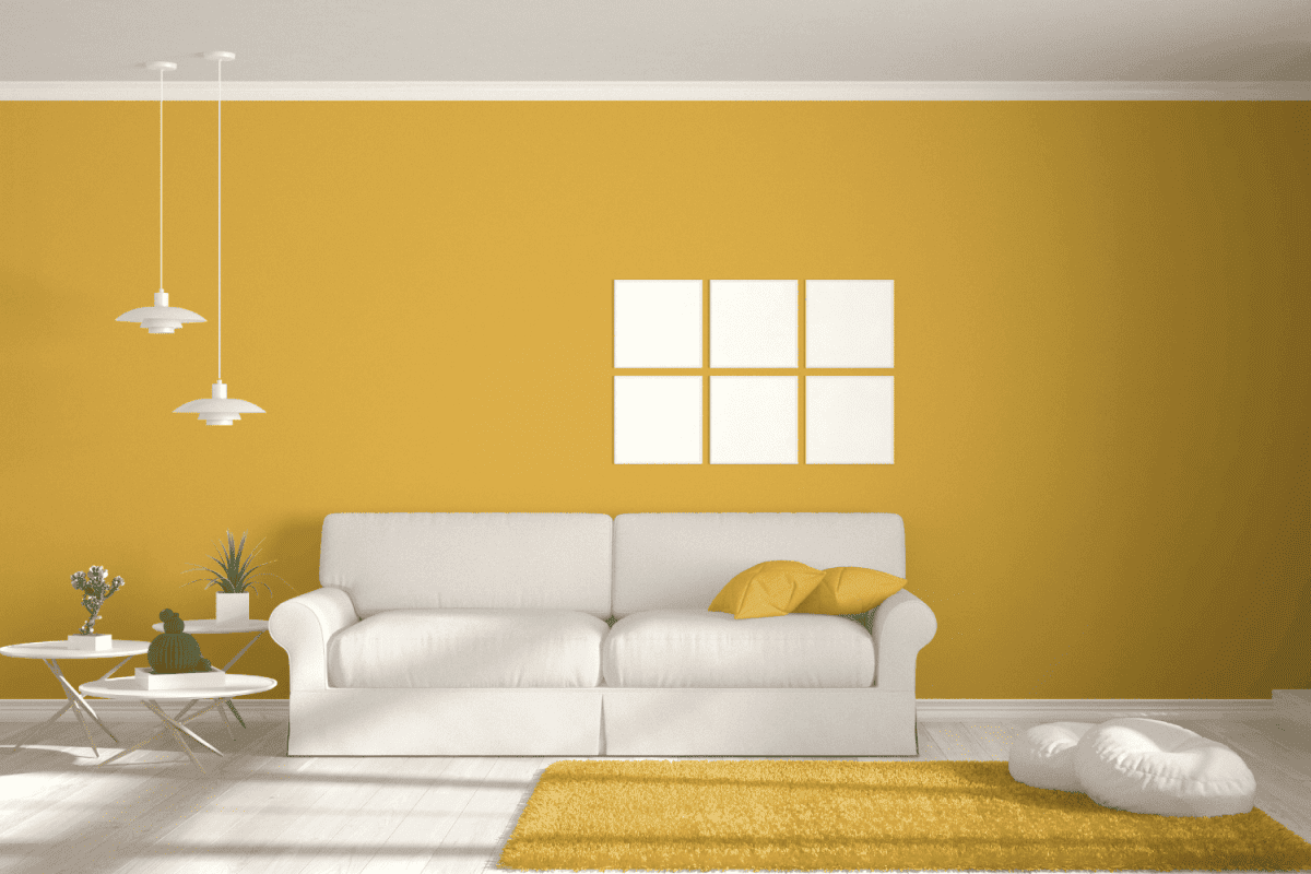 Minimalist room, simple white and yellow living with big window, scandinavian classic interior design. white couch