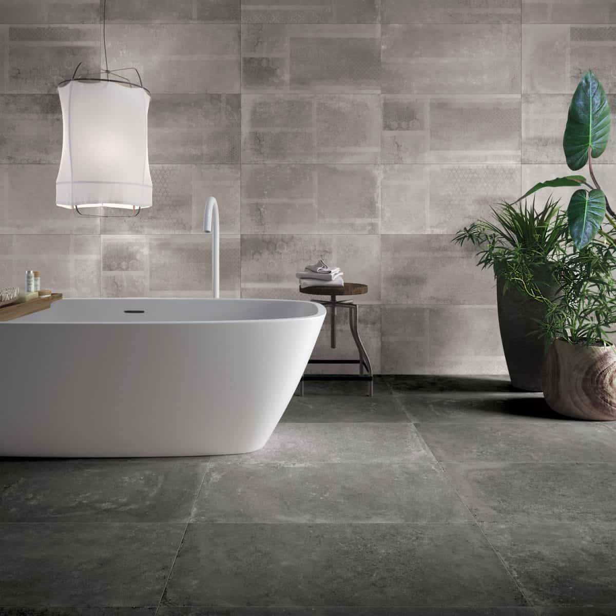 Modern bathroom with grey tiles, seamless, luxurious interior background.