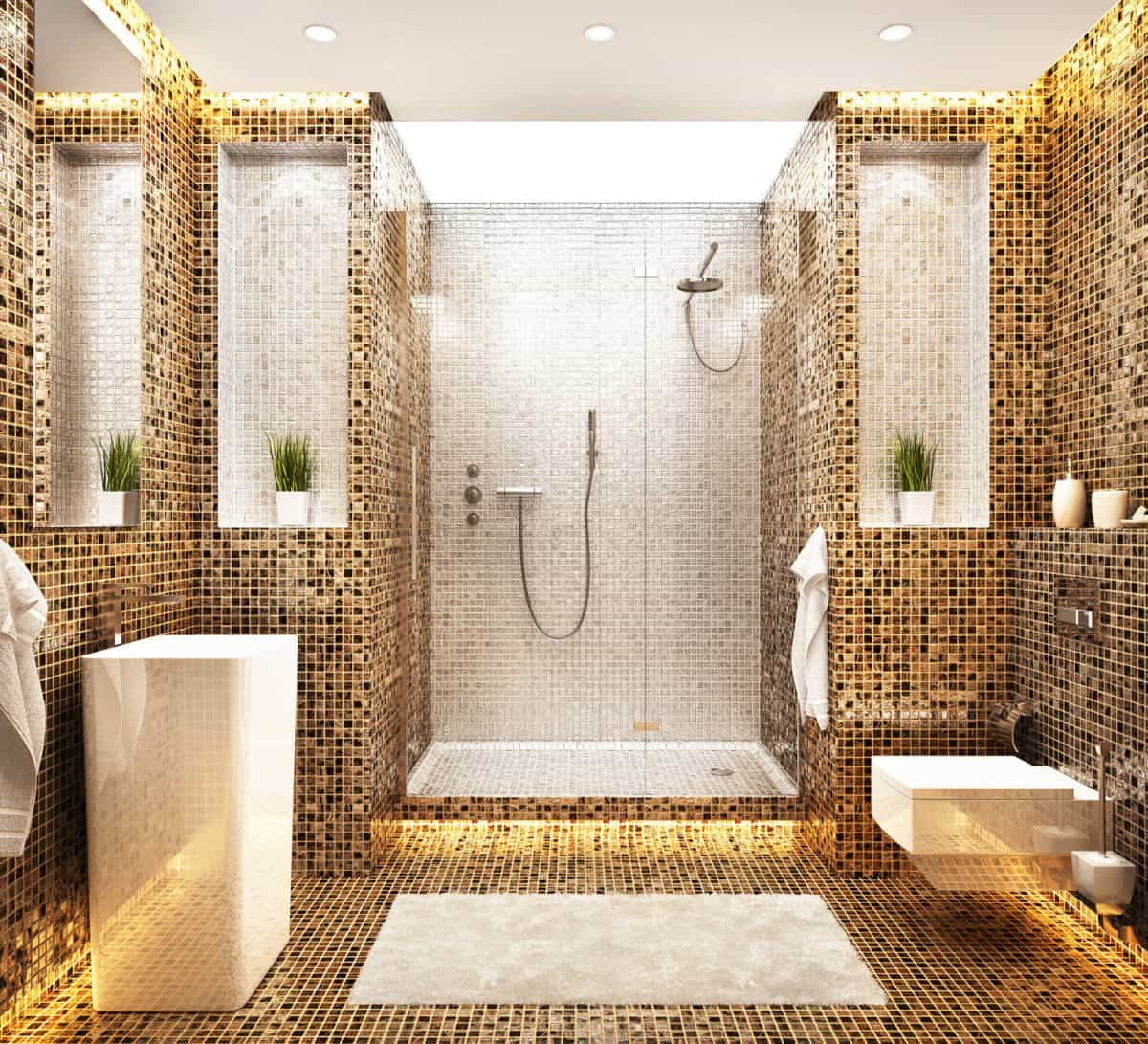 Modern beautiful bathroom design. White and brown mosaic