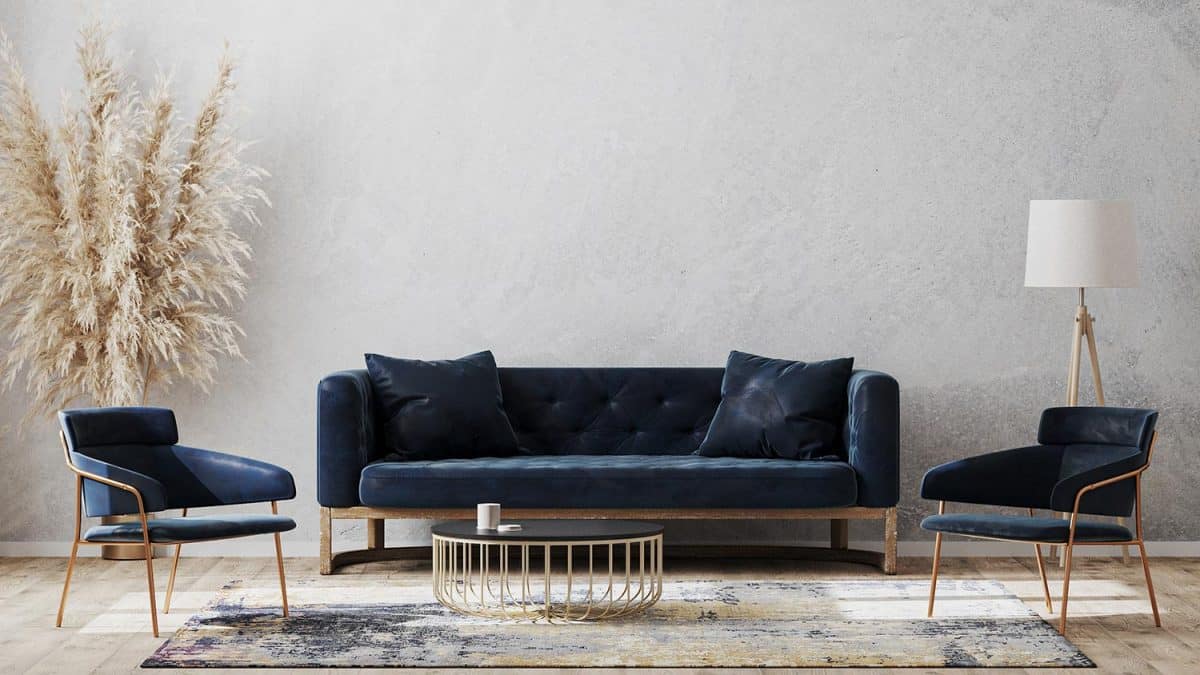 Modern living room mock up with dark blue sofa