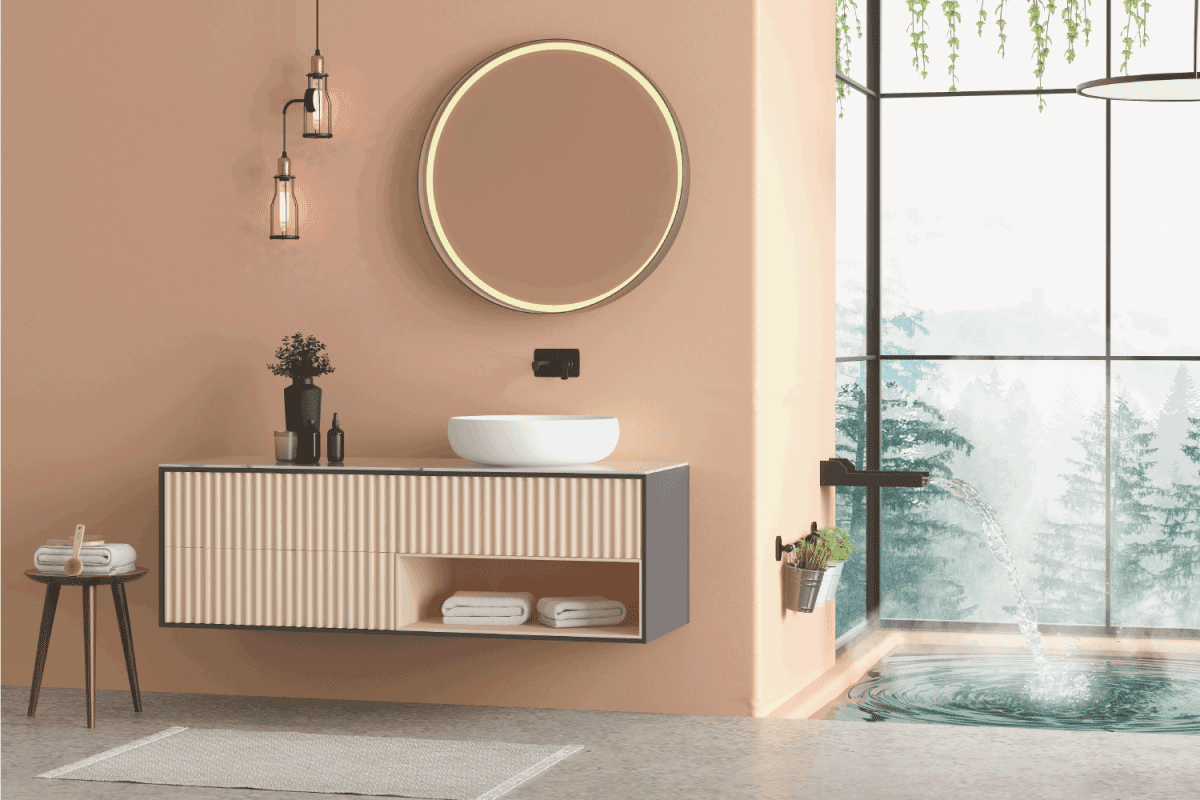 Modern minimalist bathroom interior, pastel decor concept, modern white bathroom cabinet with interior plants,