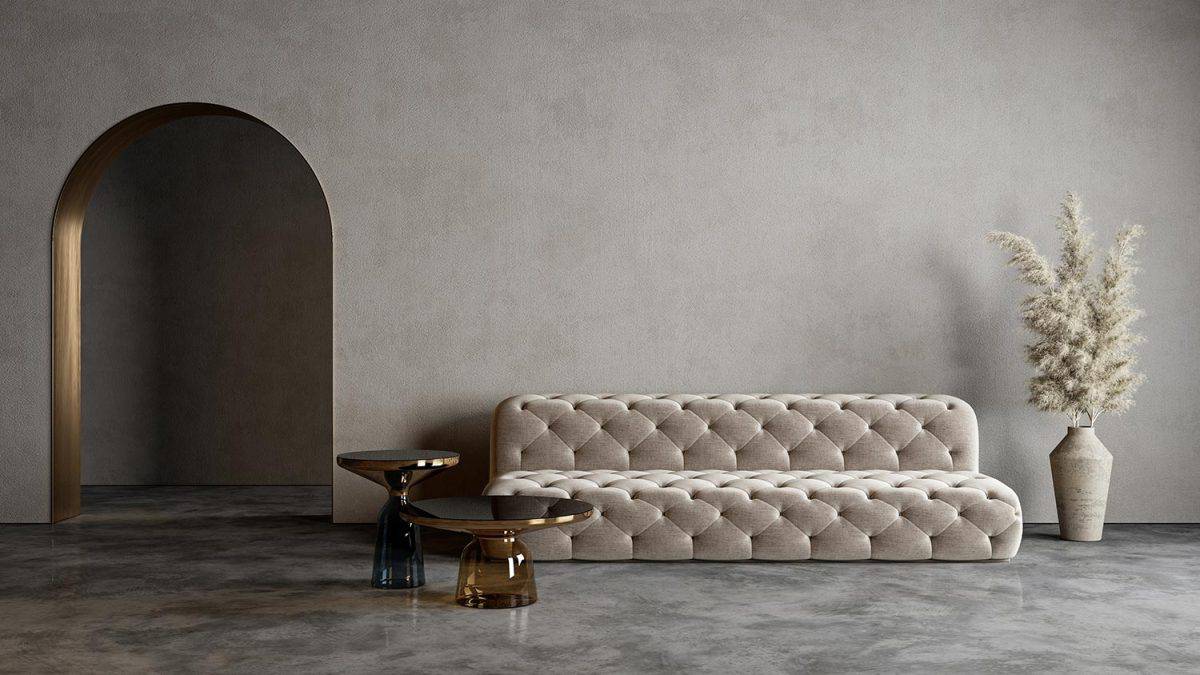 Modern minimalist interior with arch, concrete floor, sofa, coffe table