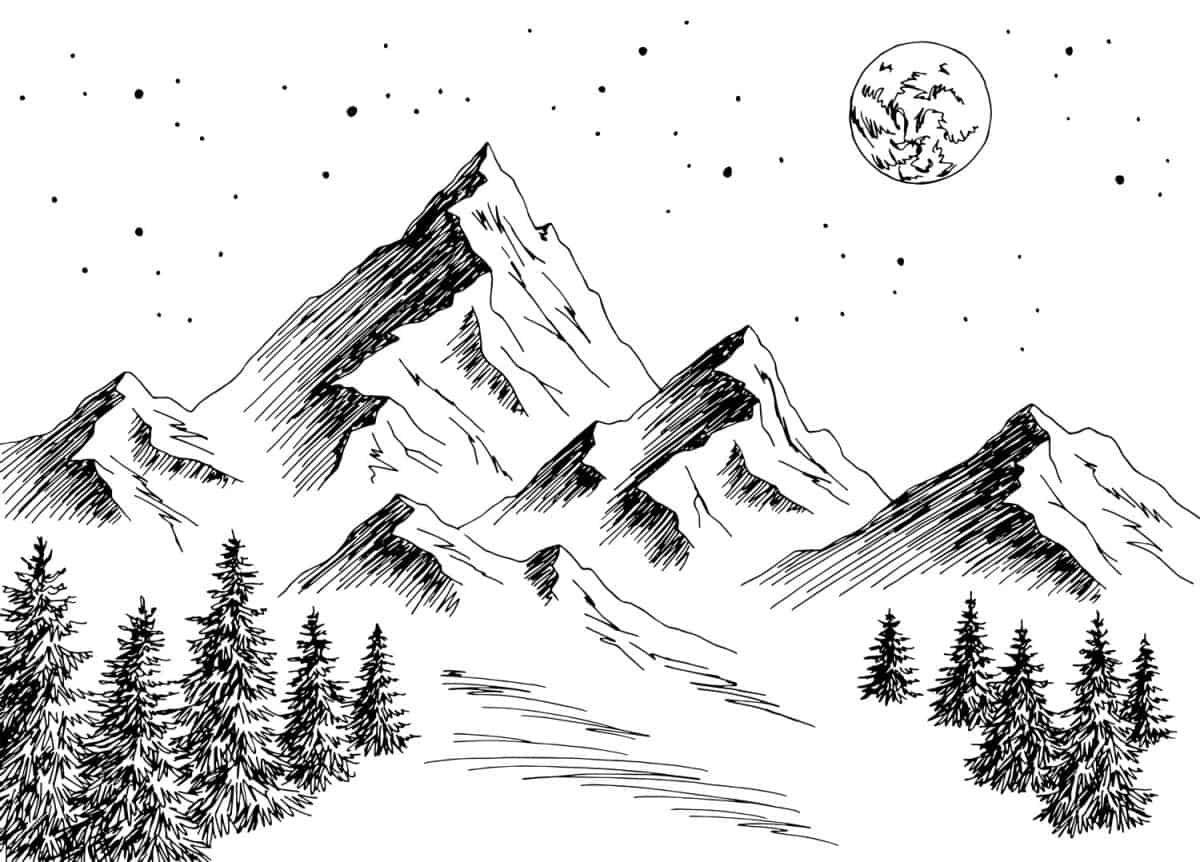 Mountain night graphic black white landscape sketch illustration vector