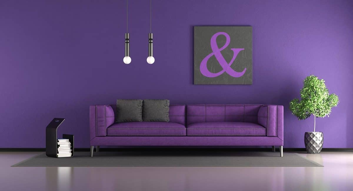 Purple living room with fabric sofa