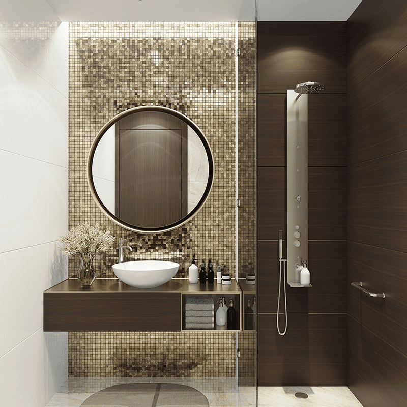 Small luxurious minimalist bathroom with round mirror