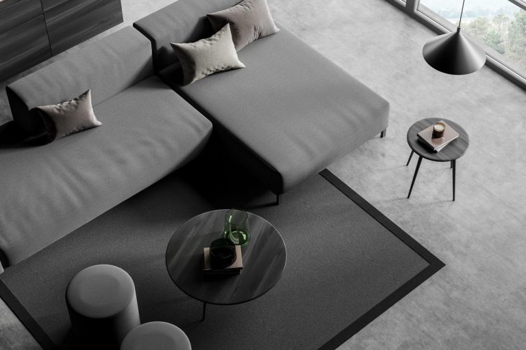 Top view of dark lounge room interior with grey couch and coffee table, carpet and grey concrete floor, What Color Couch Goes With Gray Floors