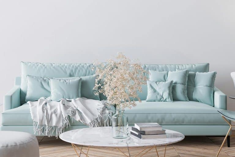Trendy modern living room in light turquoise color and golden home accessories, What Color Couch Goes With White Walls