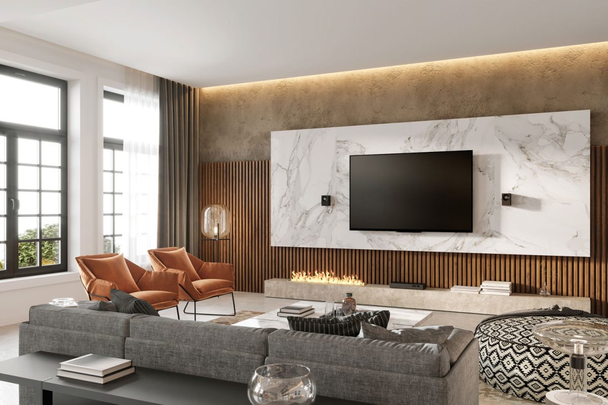 Ultra luxurious modern living room with wooden paneling behind the marble cladding for the TV