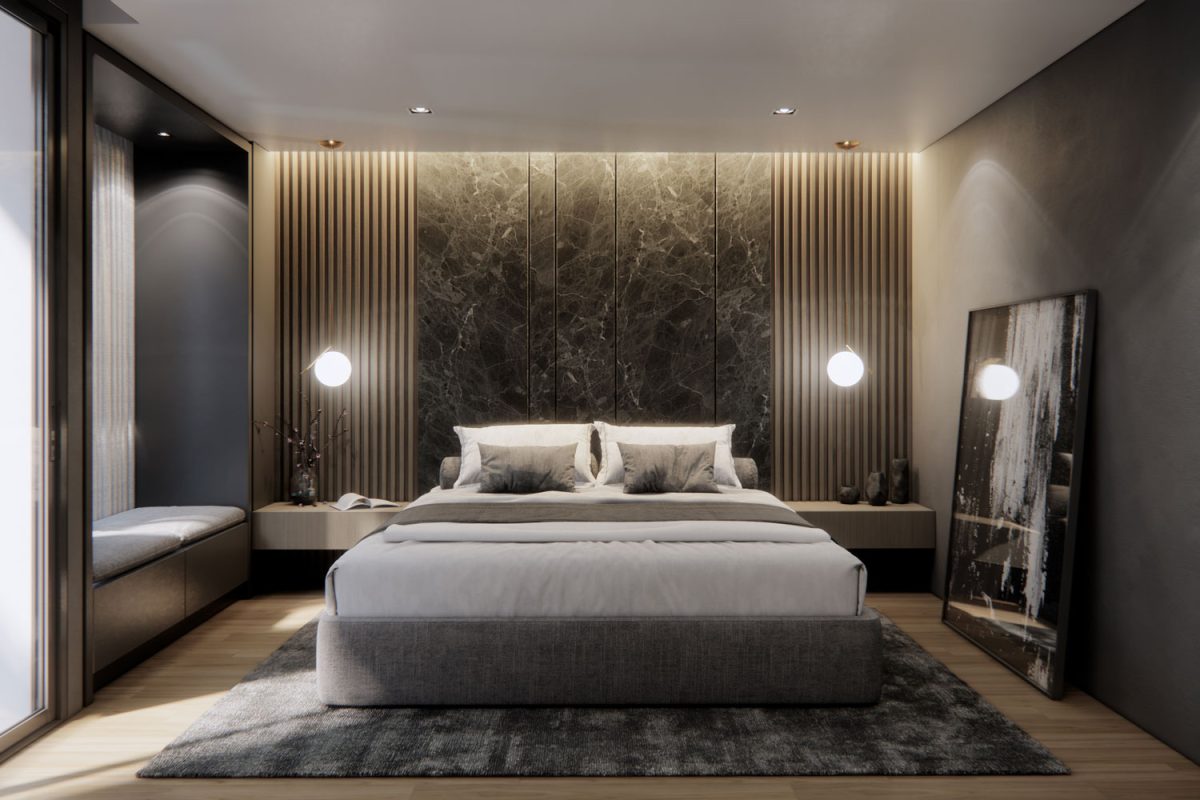 Ultra modern bedroom with a rug underneath the luxurious king sized bed