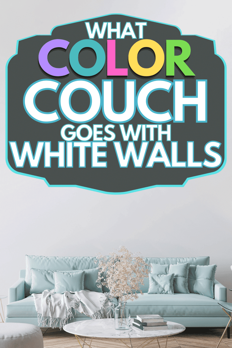 A trendy modern living room in light turquoise color and golden home accessories, What Color Couch Goes With White Walls