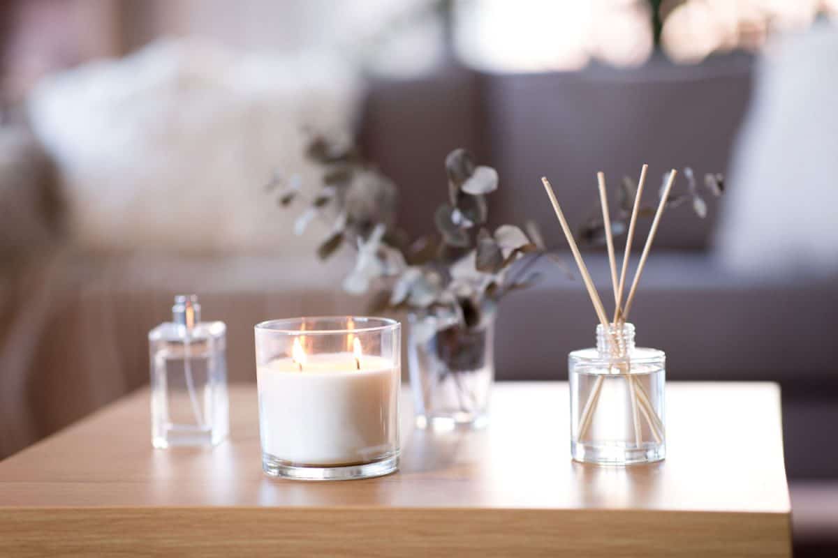 decoration, hygge and aromatherapy concept
